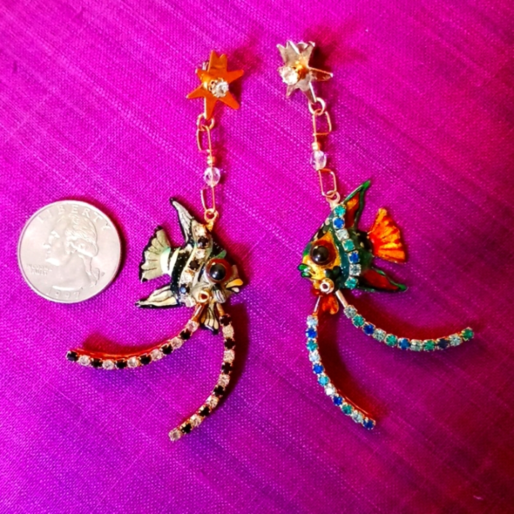 "Lunch At The Ritz" Enameled & Rhinestone Angel Fish pierced earrings